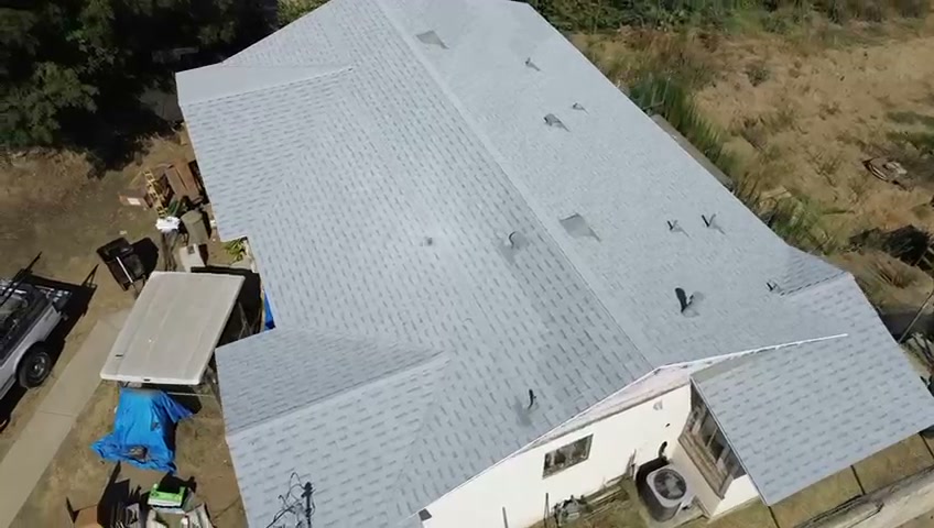 Aerial of completed gray shingle roof